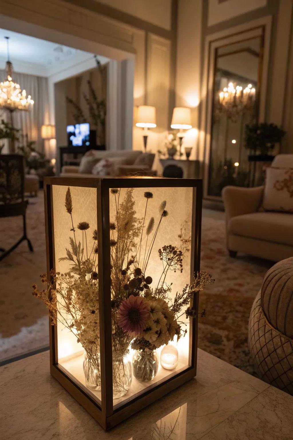 Illuminate your decor with a softly lit preserved flower display case.