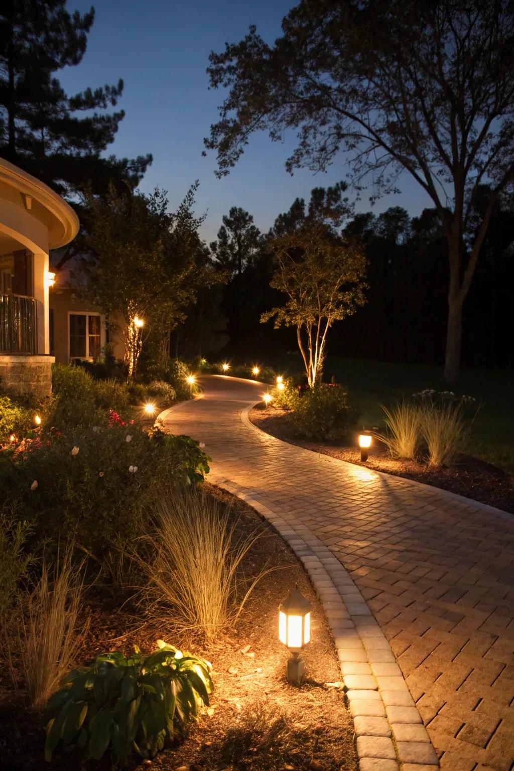 Path illumination amplifies the berm's evening allure.