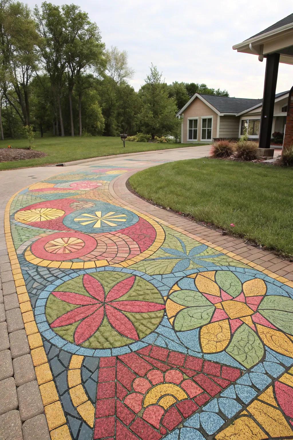 A colorful mosaic pattern transforms a driveway into an artistic statement.