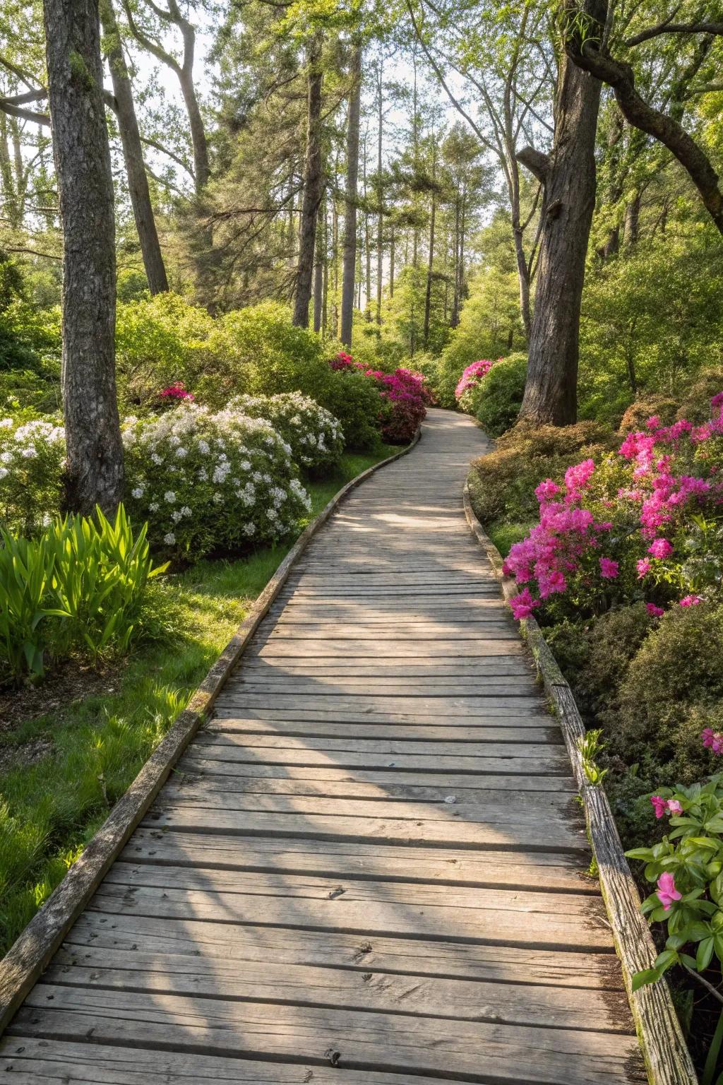 An elevated boardwalk providing a captivating garden view.