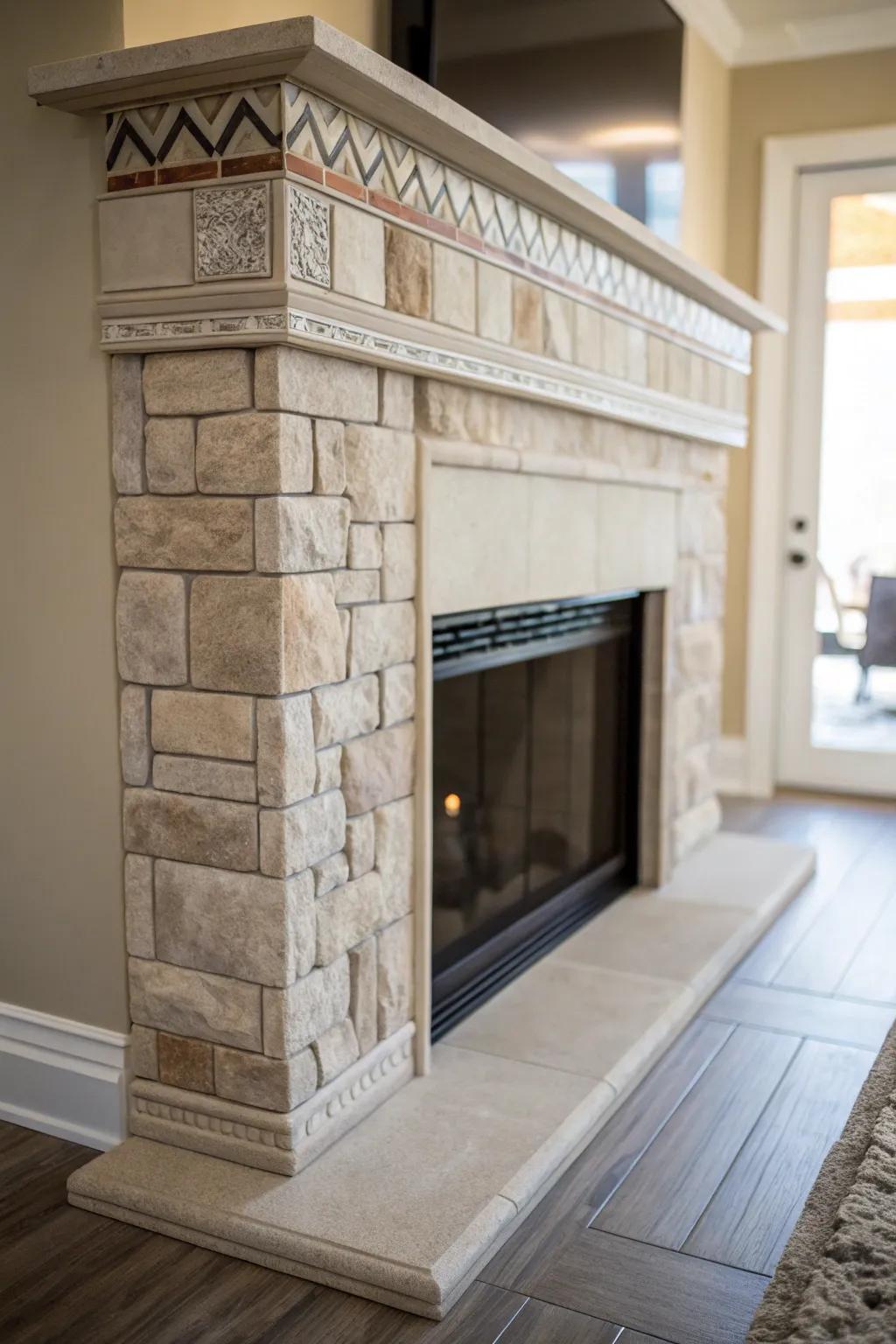 Stone embellishments impart depth to a plasterboard hearth.