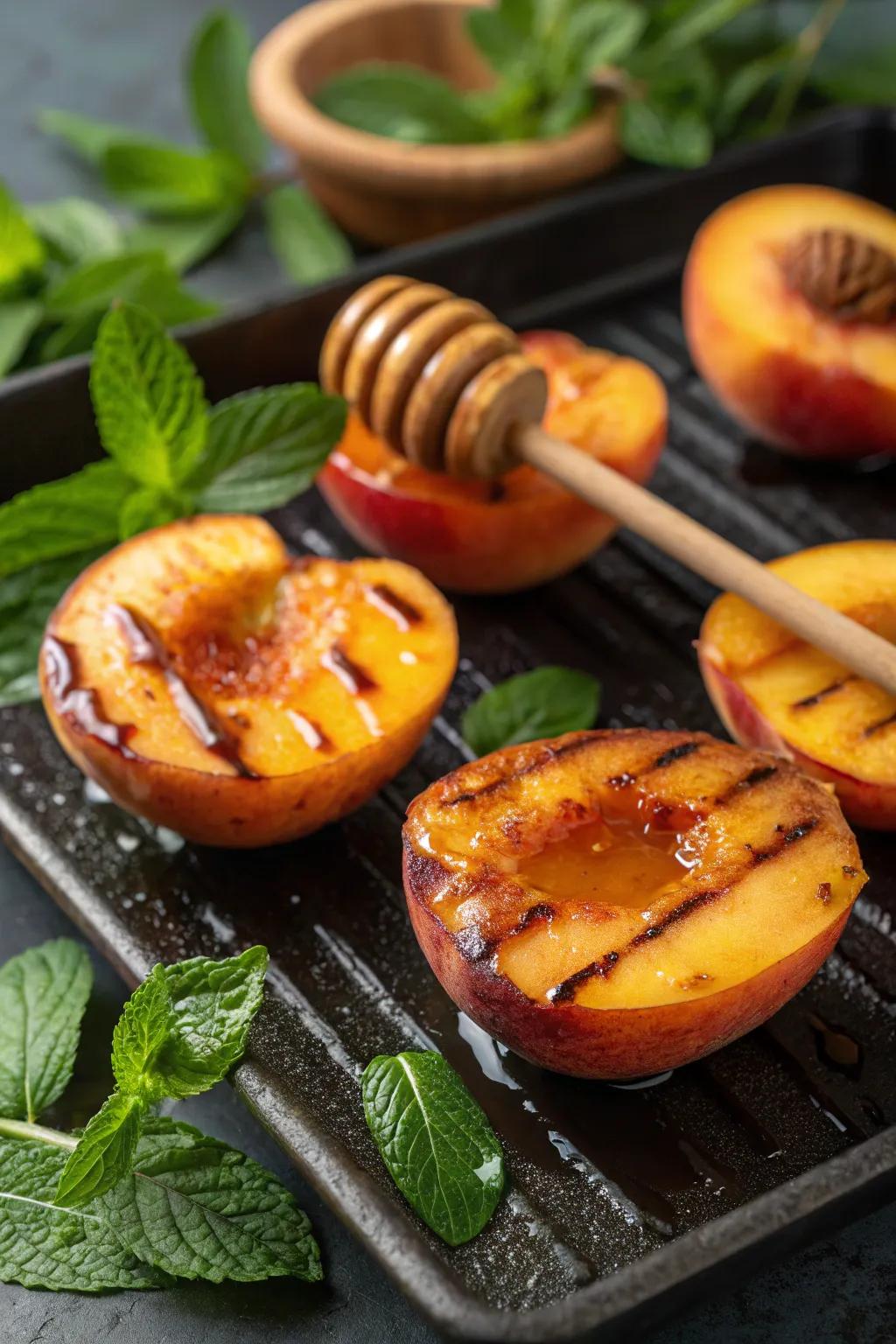 Sweet, juicy grilled peaches with honey and cinnamon.