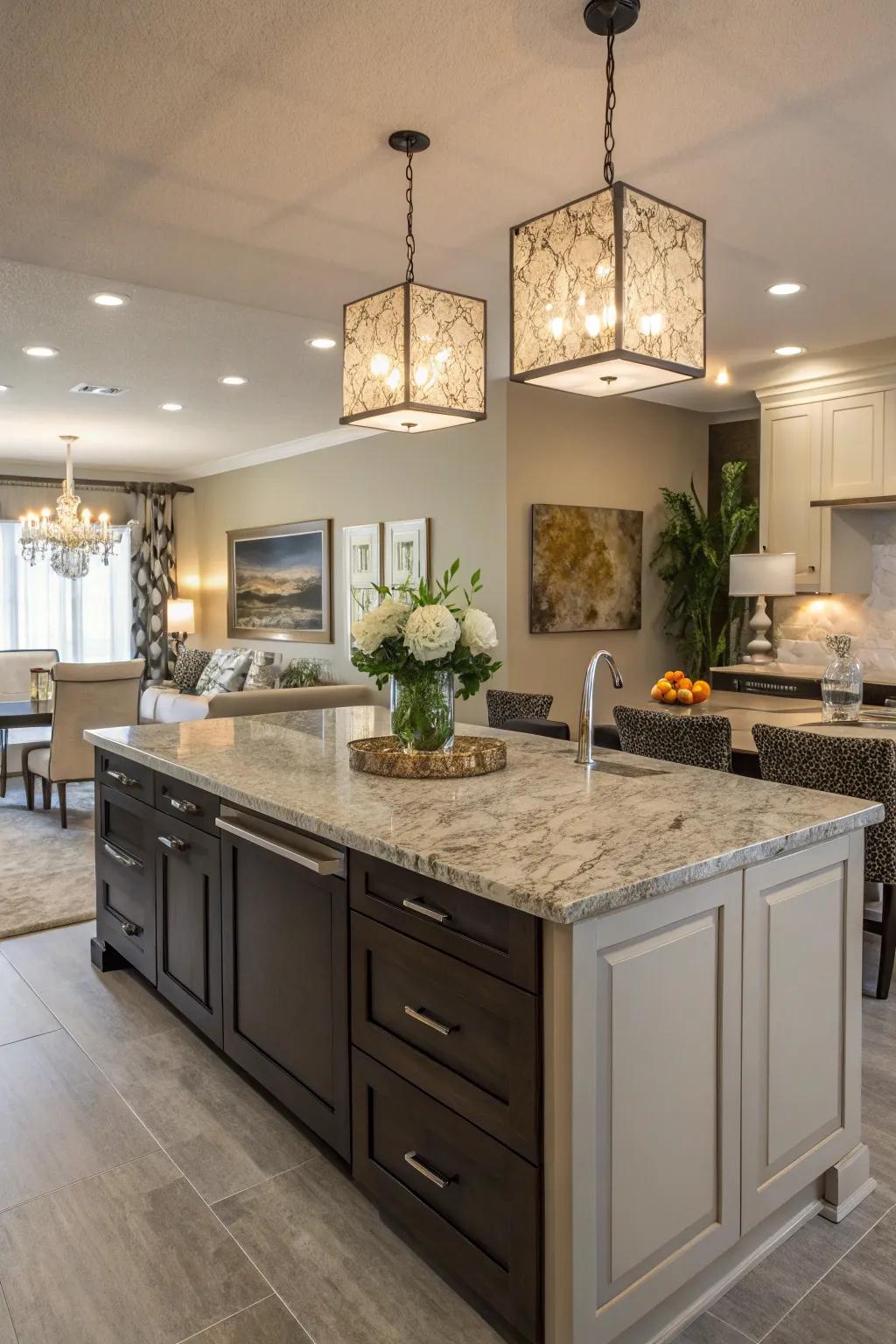 A sophisticated island topped with luxurious natural stone.