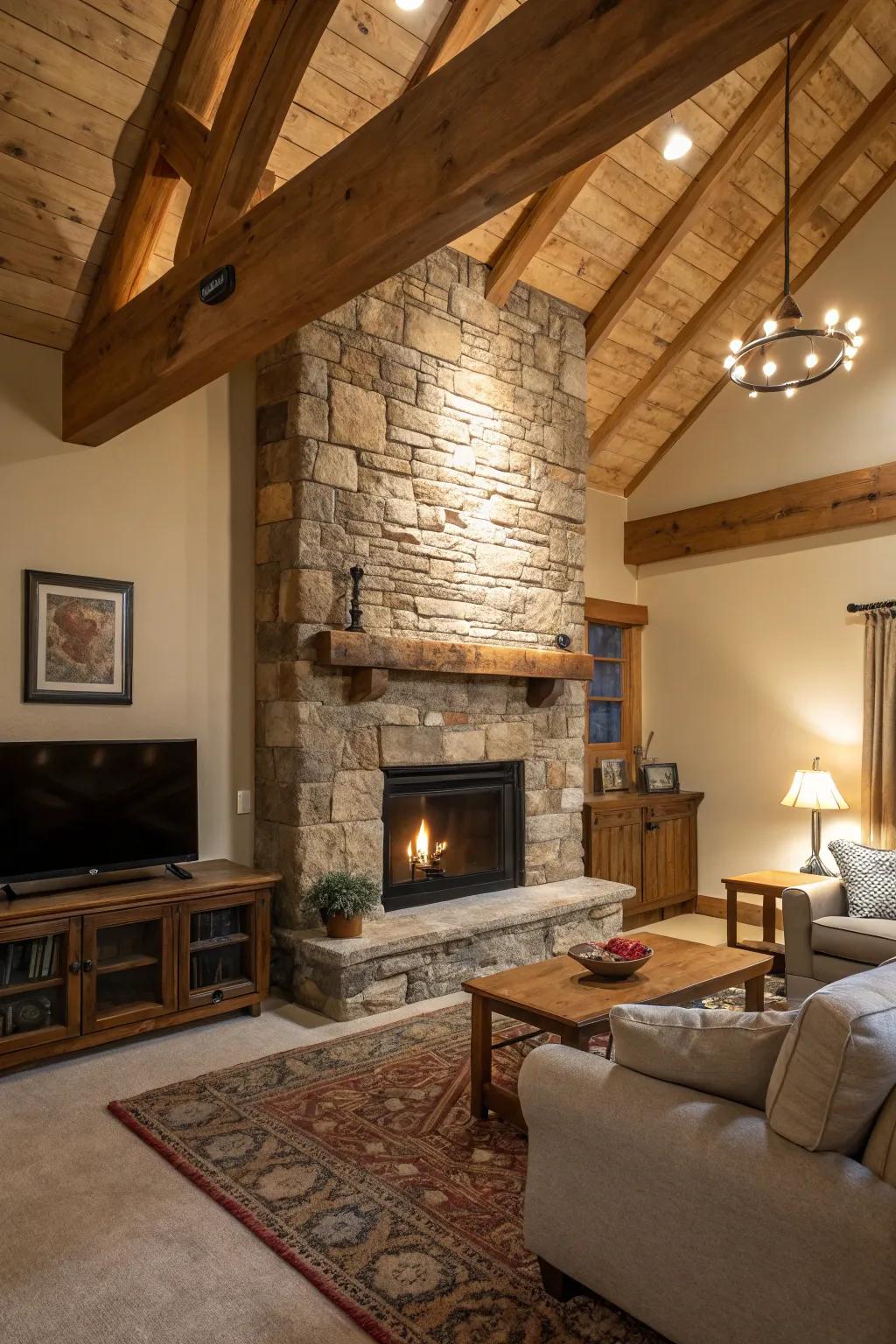 A rustic living room with stone and wood elements around an electric fireplace