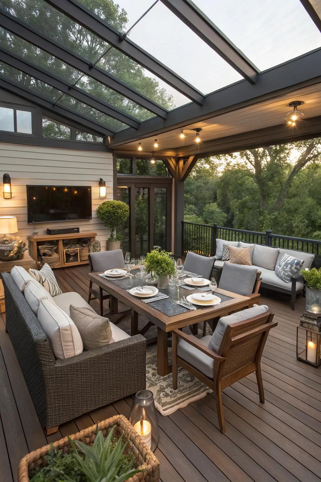 Zoned areas for diverse activities on an enclosed deck.