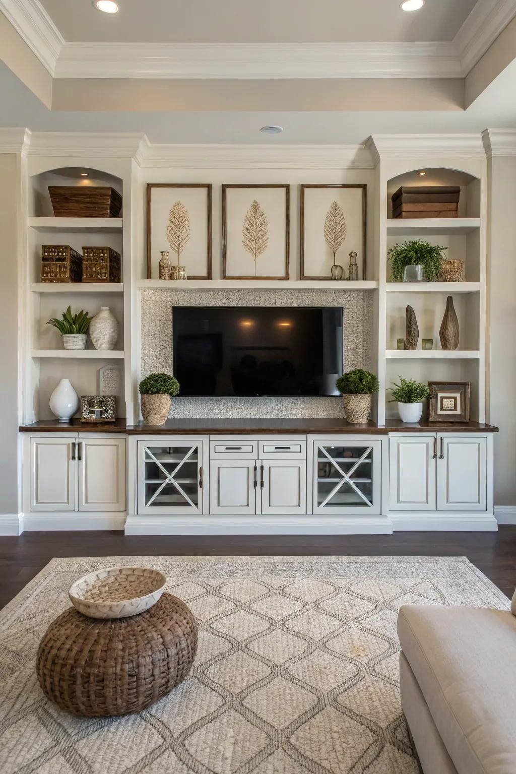 Symmetrical decor elements bring balance to this media center.