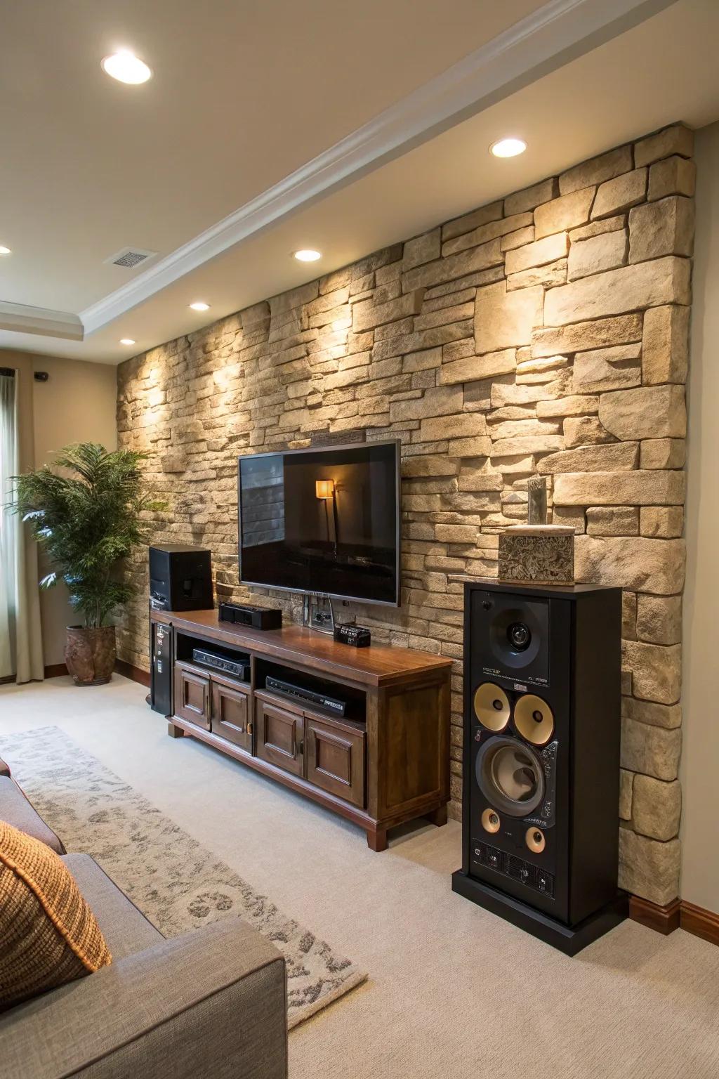 An entertainment center situated against an impressive feature wall.