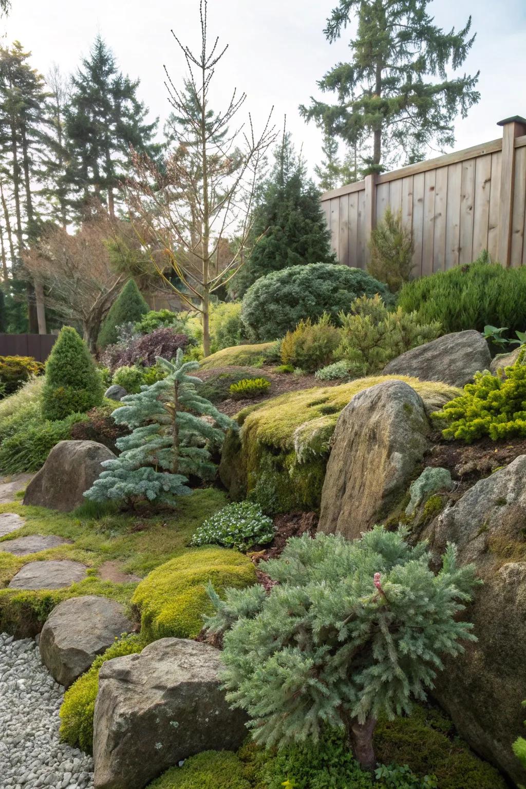 A naturalistic garden featuring evergreens and rustic rockeries.