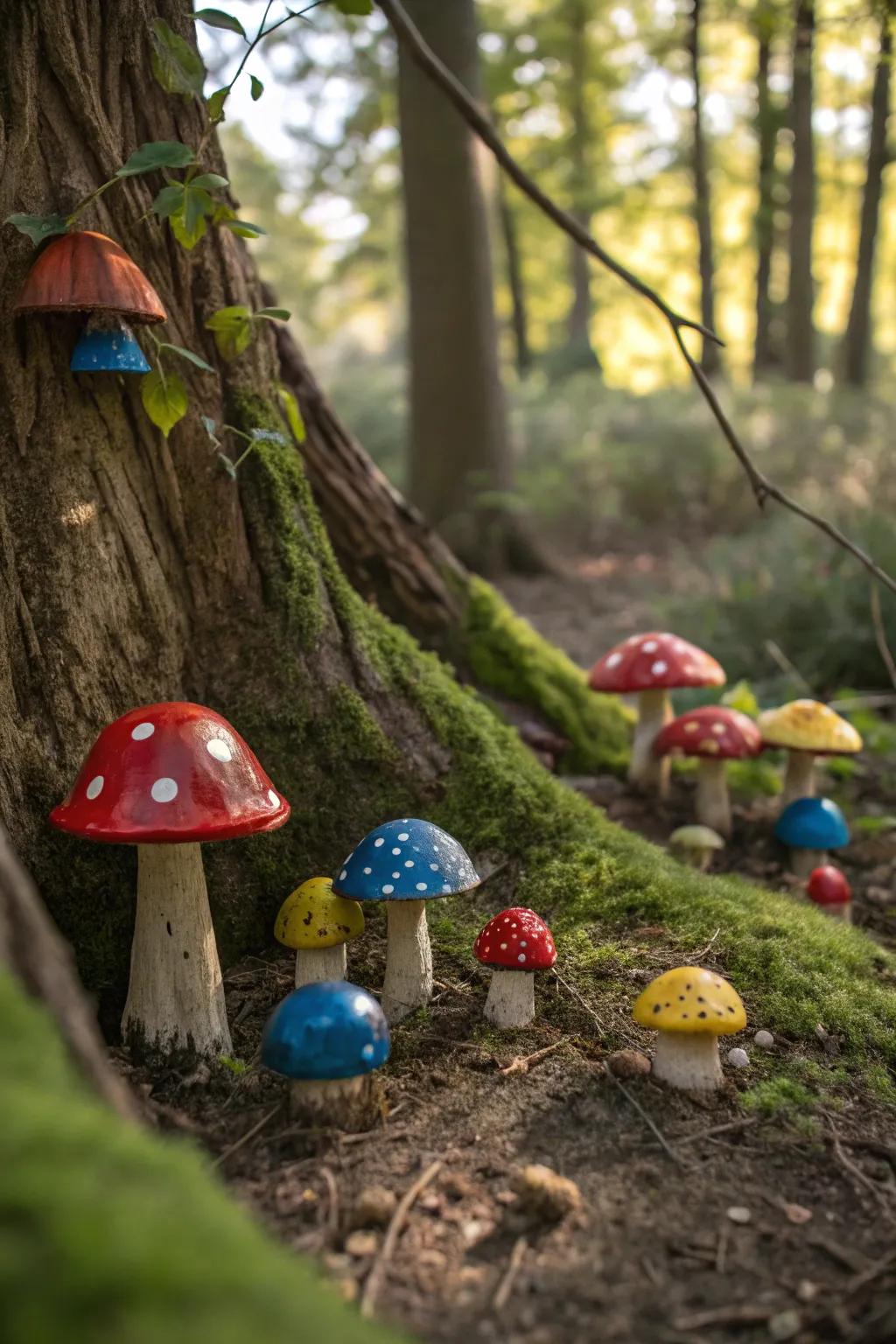 Mushrooms bringing whimsical charm to the fairy garden.
