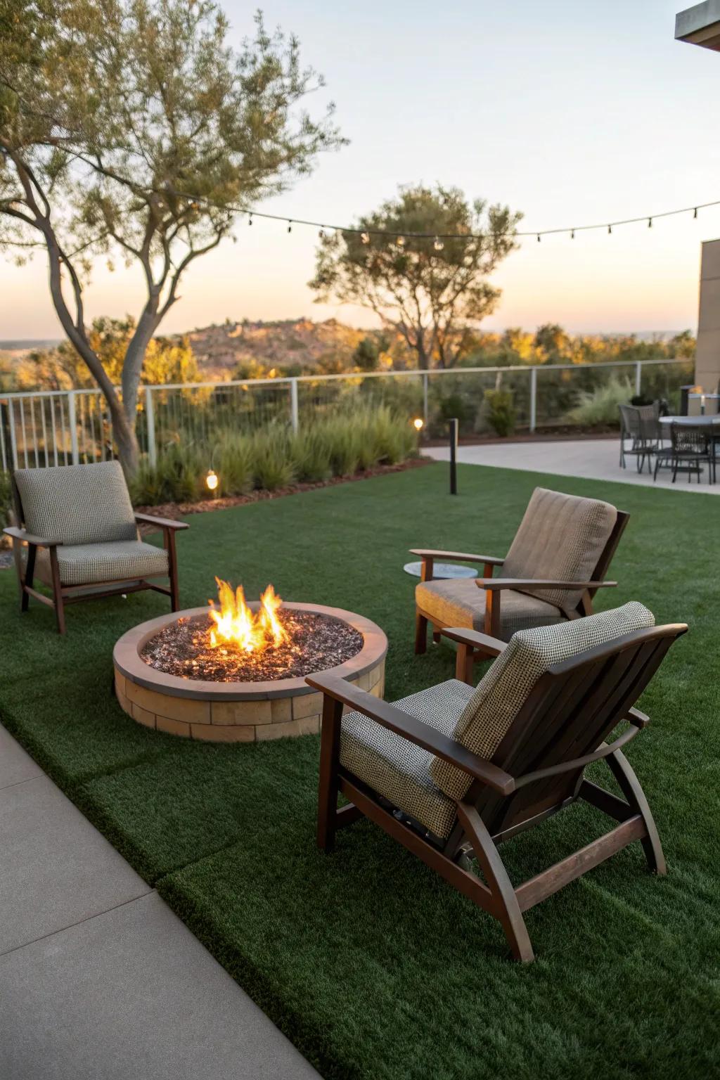 A cozy fire pit corner on a lush artificial grass patio.