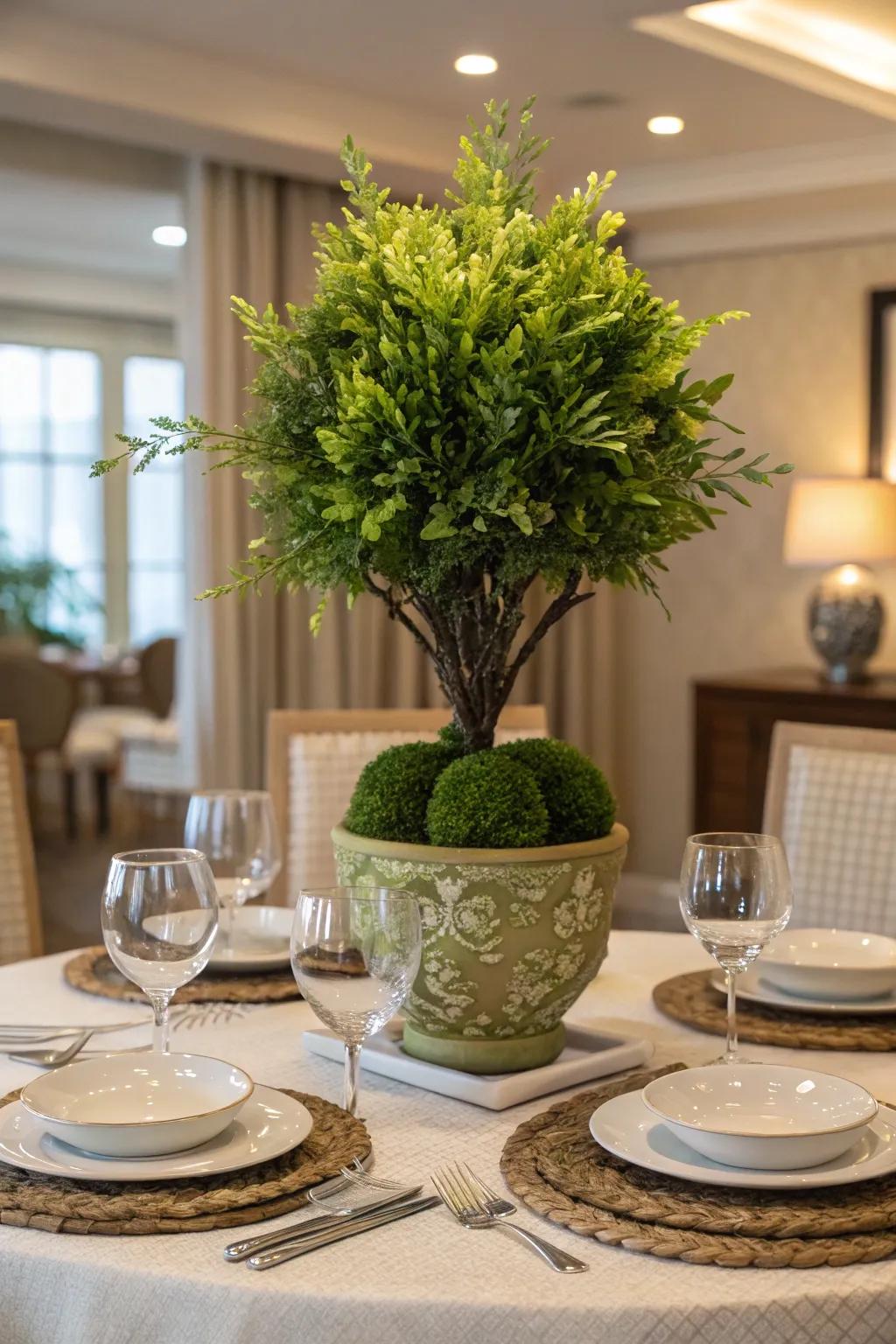 Faux greenery can make a stunning dining table centerpiece.