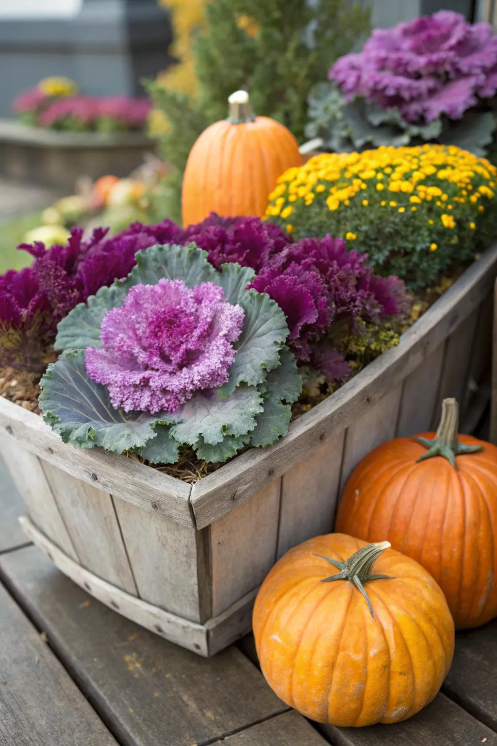 Ornamental kale and pumpkins bring color and texture to any planter.