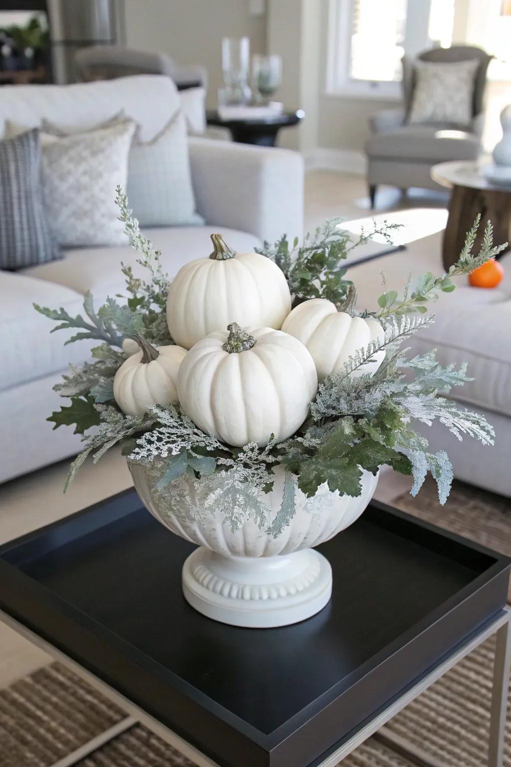 Sophisticated pale gourds in a minimalist autumn container.