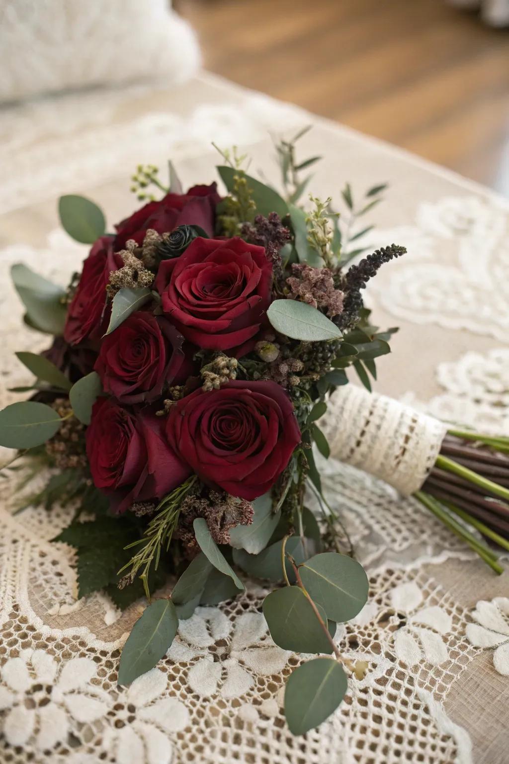 Maroon roses enhance the romantic mood of fall weddings.