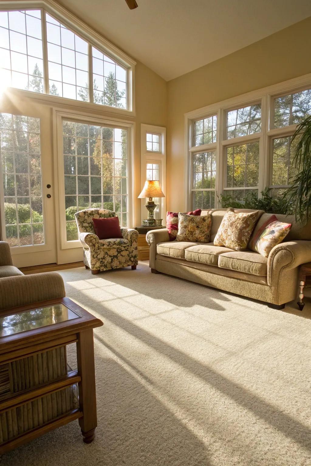 Natural light enhances the texture and color of the carpet.
