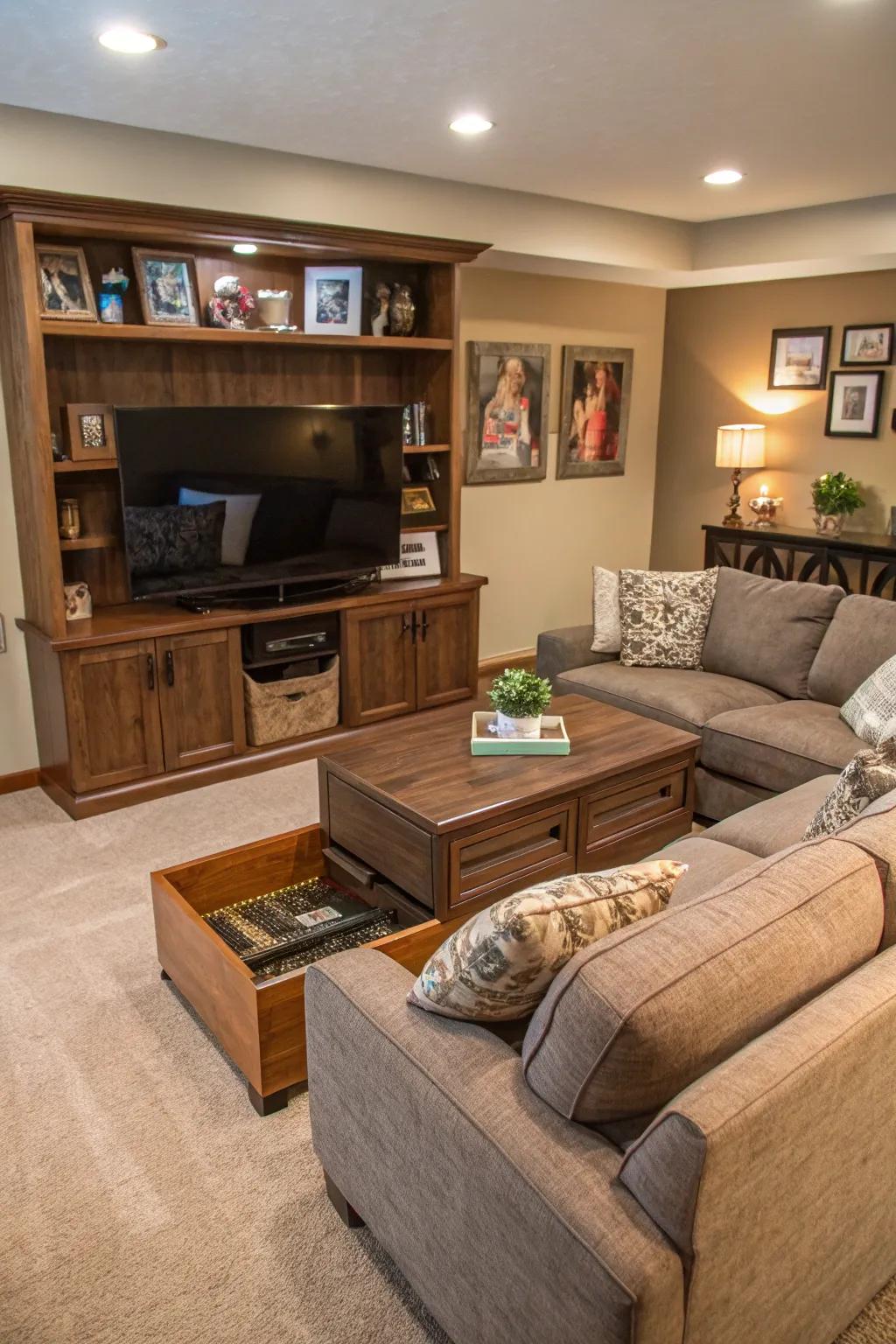 Adaptable furnishings enhance practicality and style in the family room.