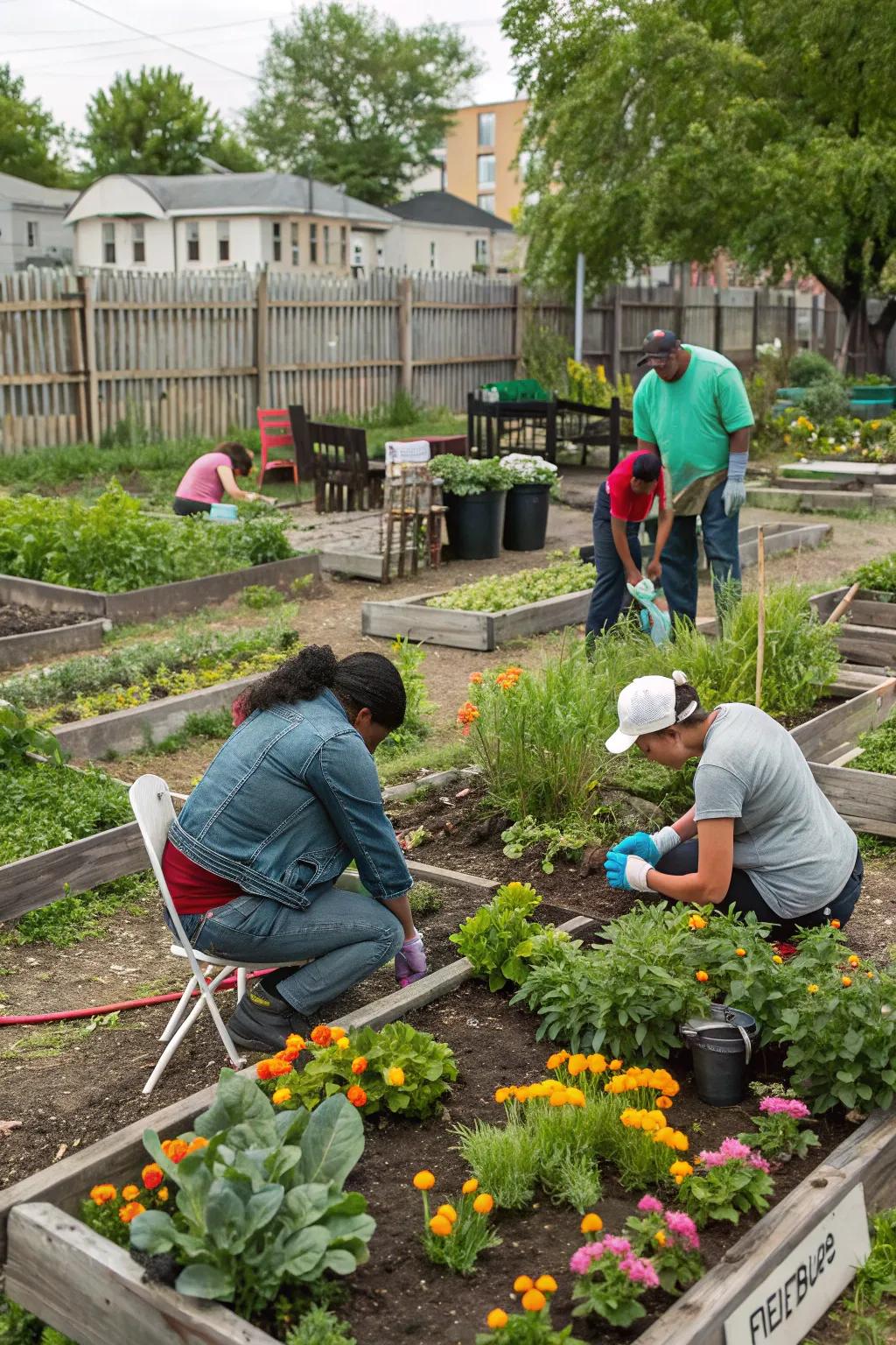 A flourishing shared garden where neighbors grow personal vegetables.