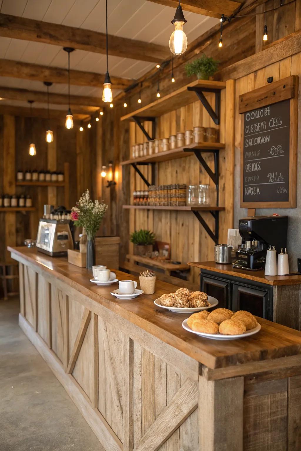 Warmth through weathered lumber overlays.