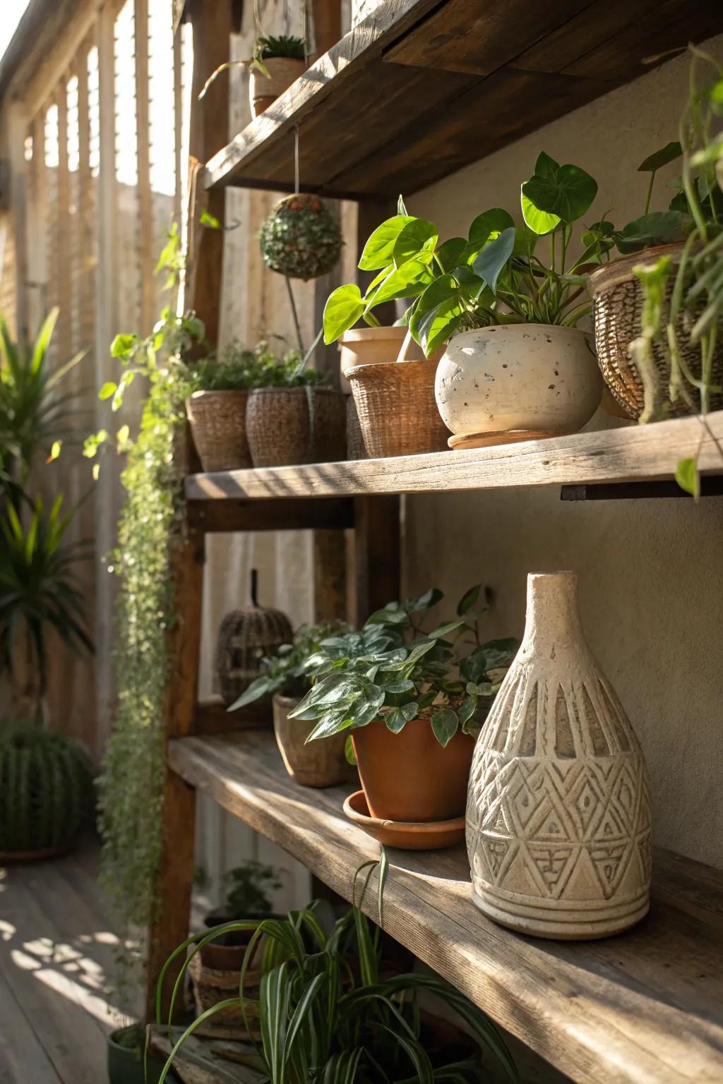 Plants and ceramics add natural beauty and texture.
