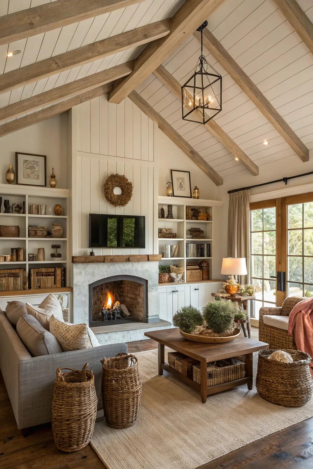 Built-in shelving flanking a fireplace in a farmhouse living room.