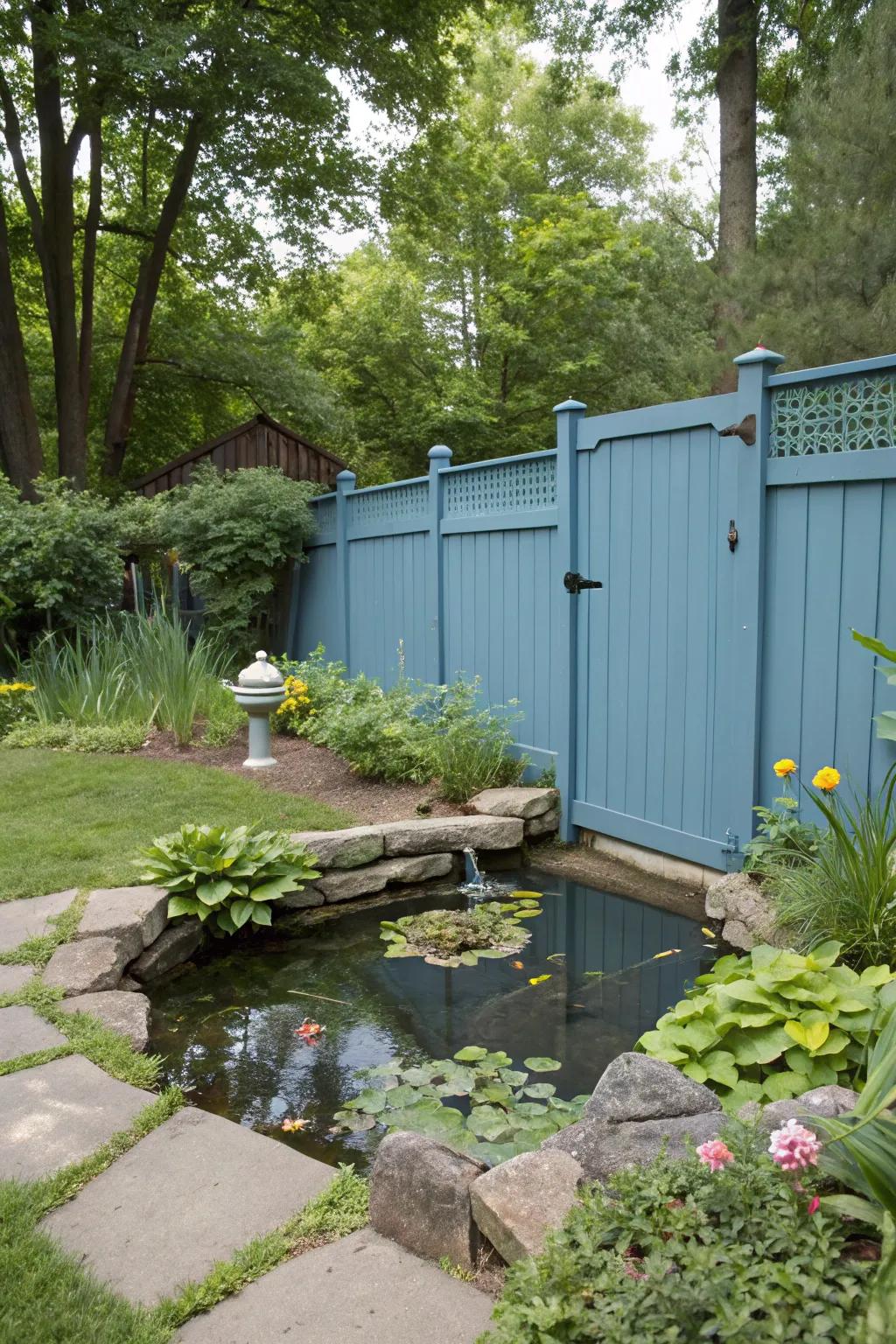 Blue fences create a calming and serene atmosphere in gardens.