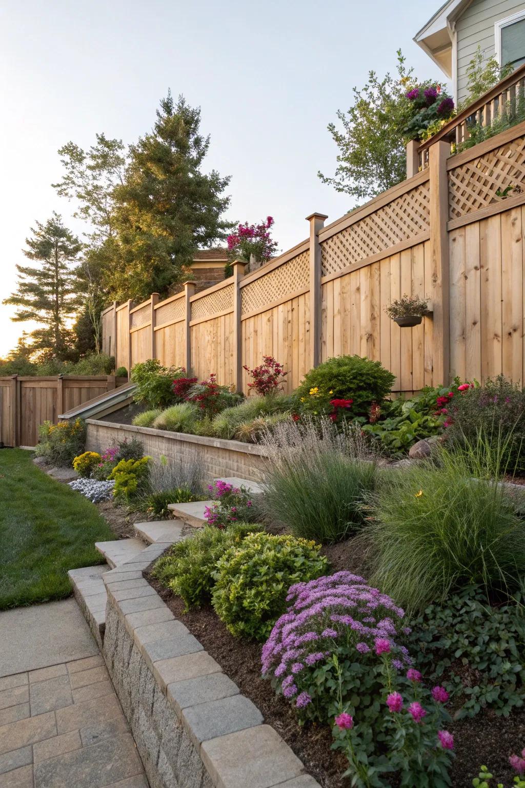 Tiered planting appends profundity and intrigue to your fence line.