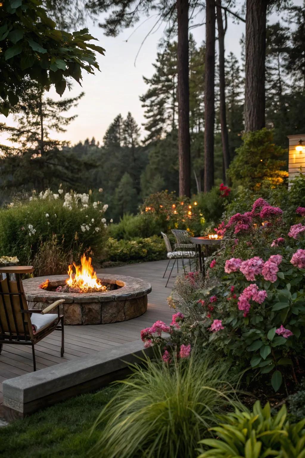 Abundant greenery turns the fire pit space into a peaceful retreat.