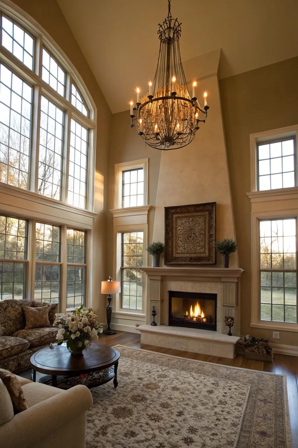 An elegant chandelier adds a touch of luxury to this fireplace-centered room.