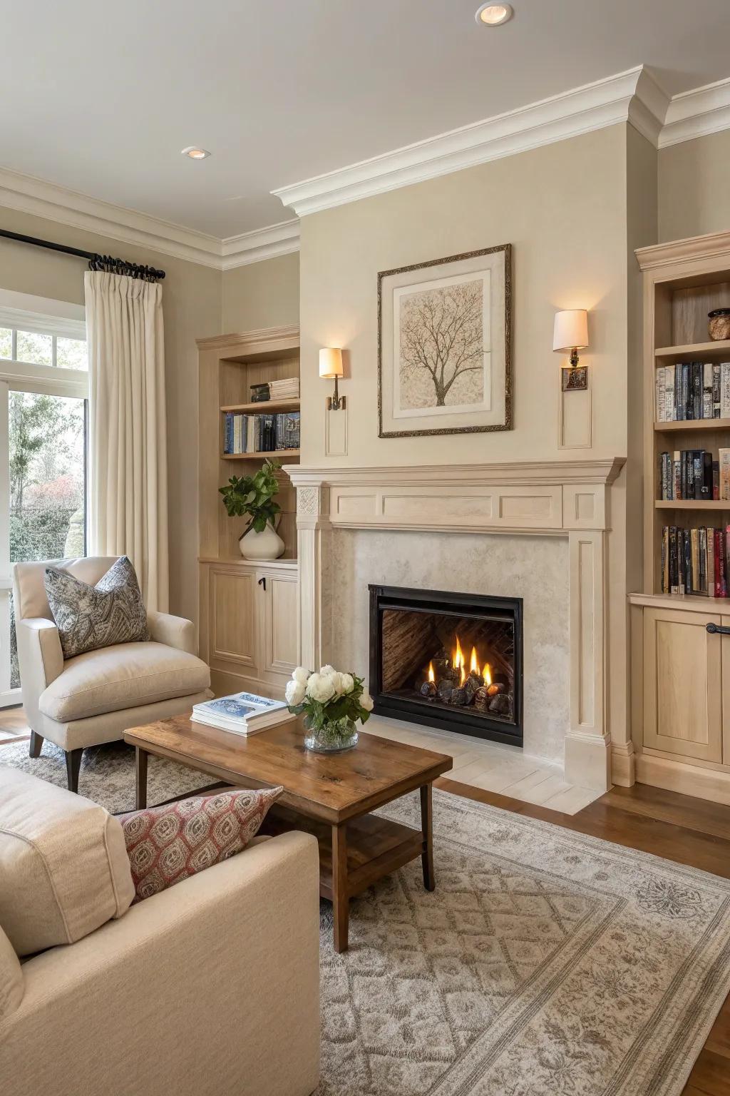 Neutral tones provide a calming backdrop for the fireplace.
