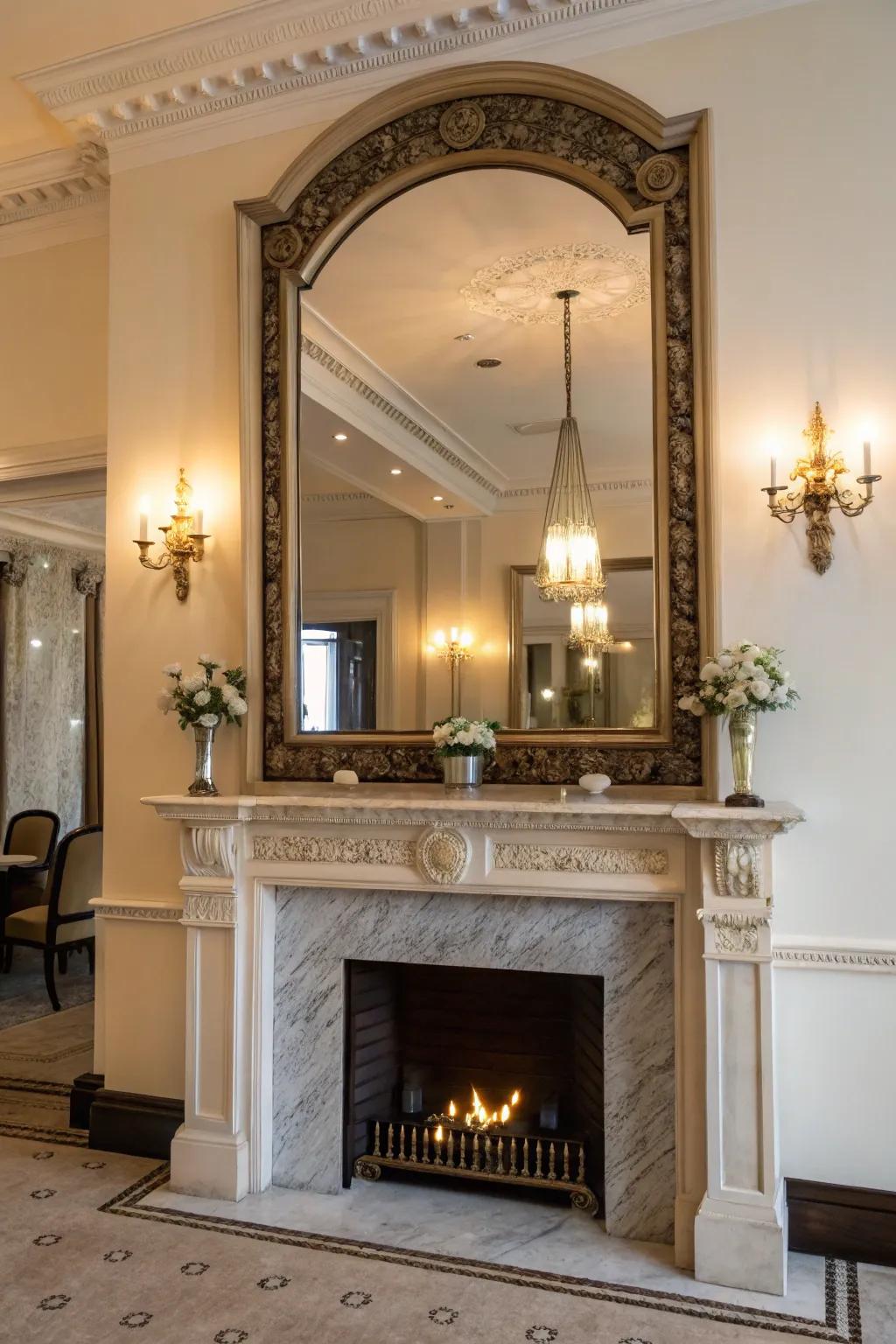A mirror above the fireplace adds elegance and space.