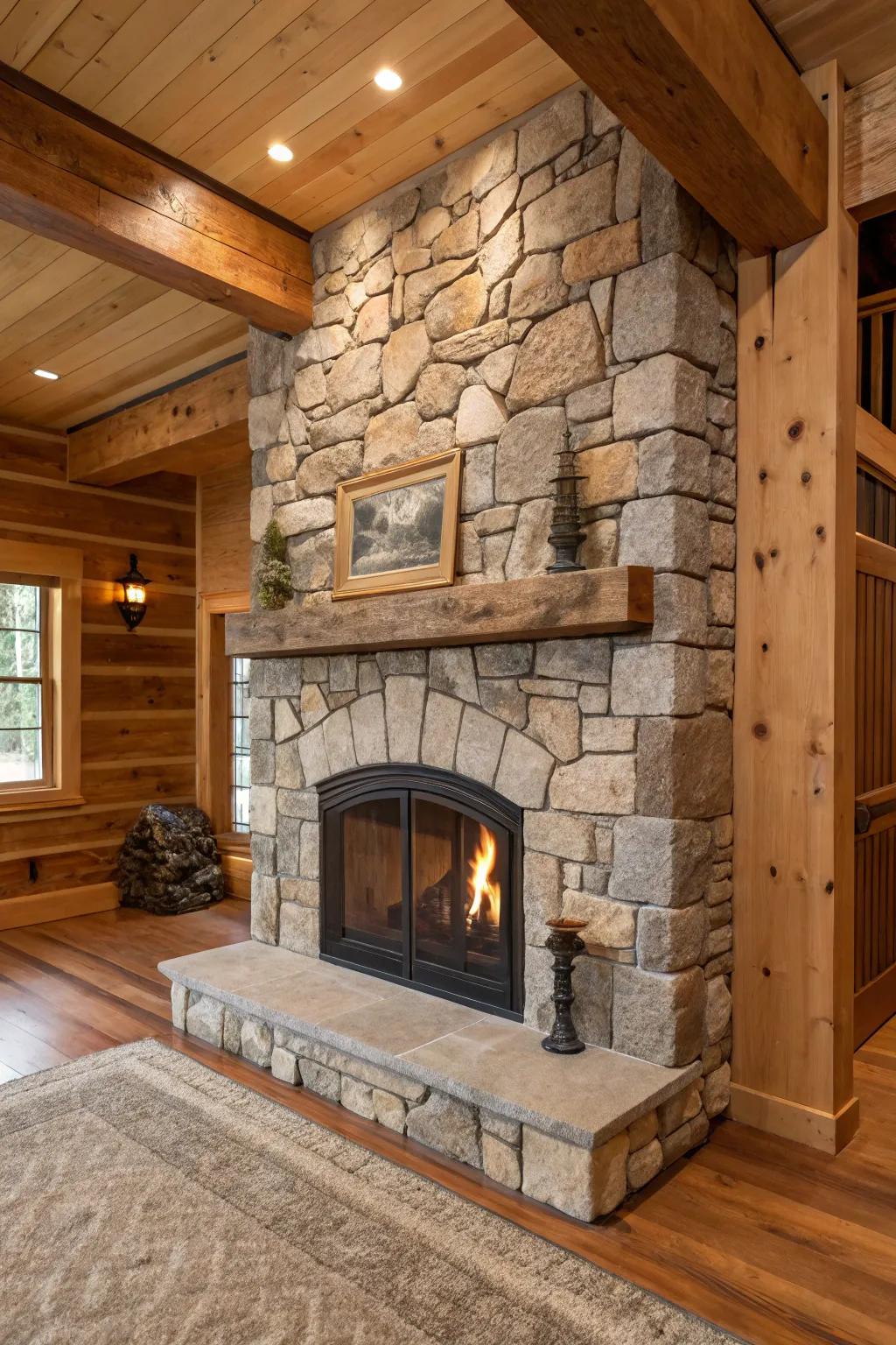 Organic stone and wood harmonize beautifully in this fireplace design.