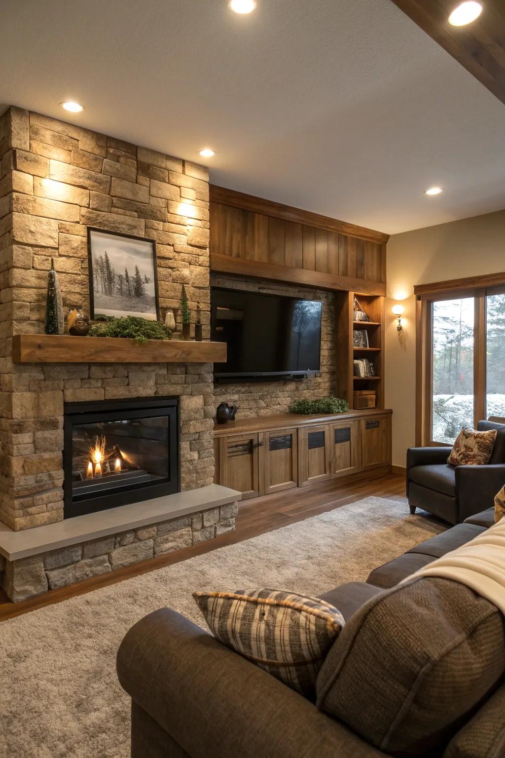 Defy expectations with an asymmetrical fireplace TV design guaranteed to impress. #AsymmetricalDesign #UniqueSpaces 🔄