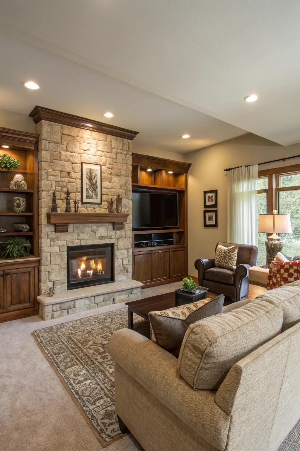 An open and inviting family room featuring a fireplace wall and TV.