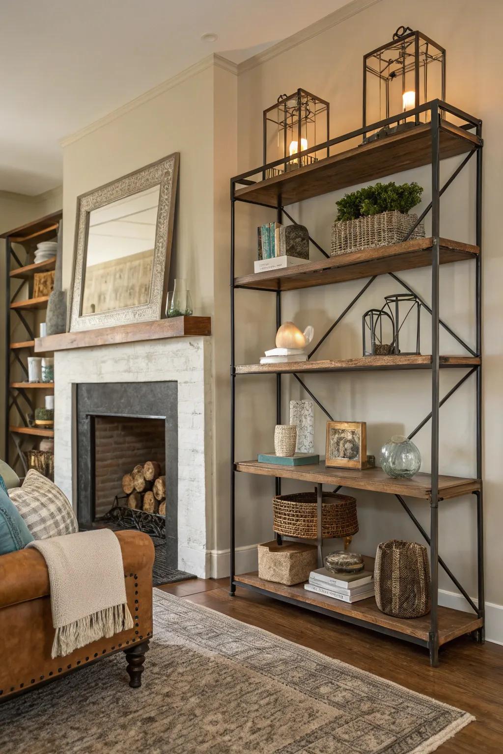 An eclectic mix of materials on shelves for a dynamic look.