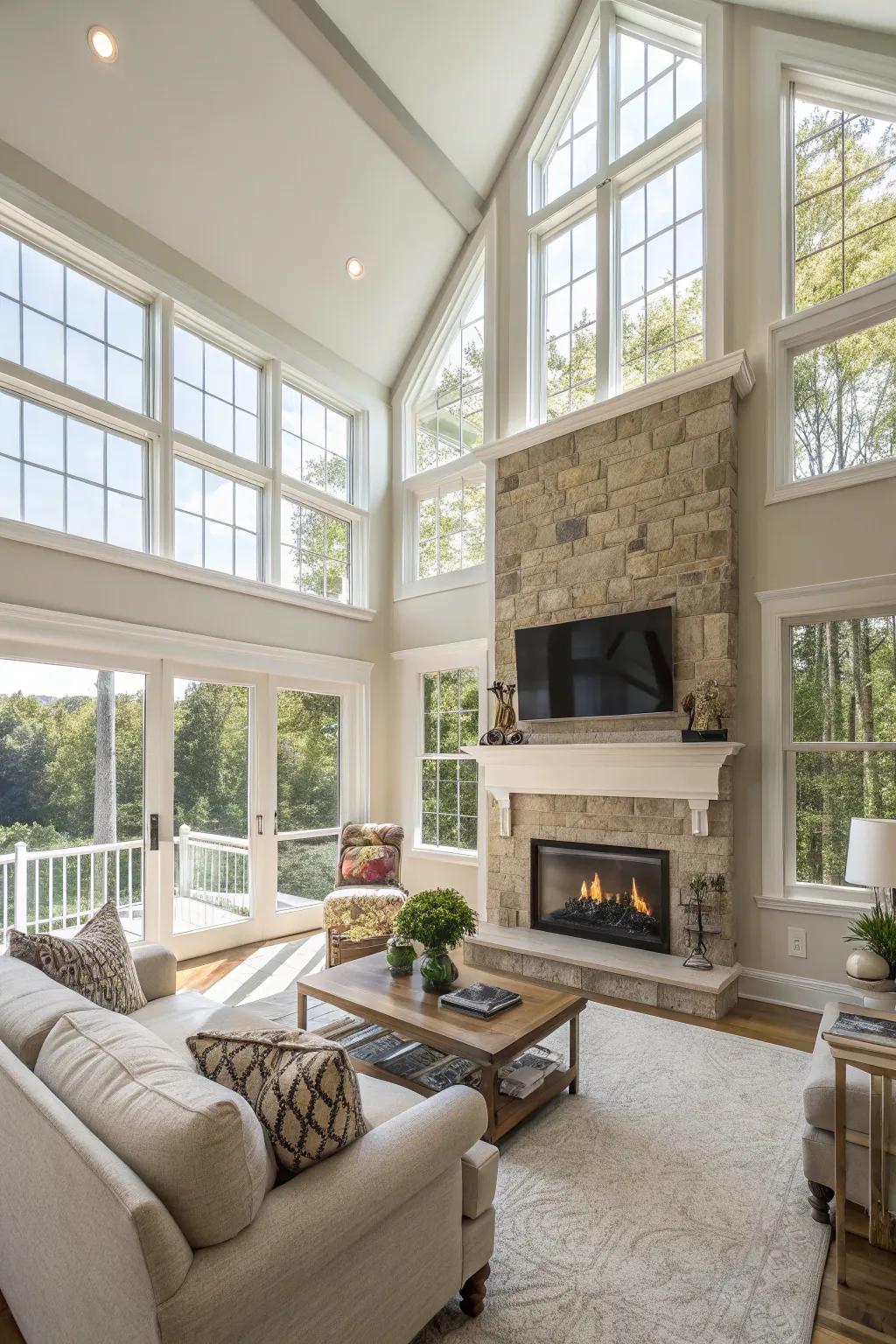 An open living space with a spacious design featuring a fireplace and TV.