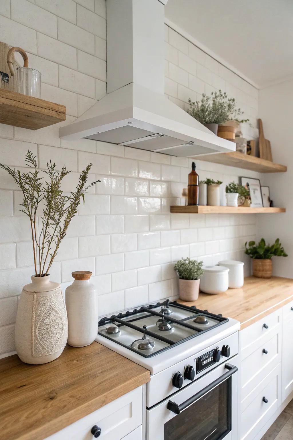 Elevate your kitchen's elegance with minimalist white floating shelves that blend seamlessly for a touch of Scandinavian charm.