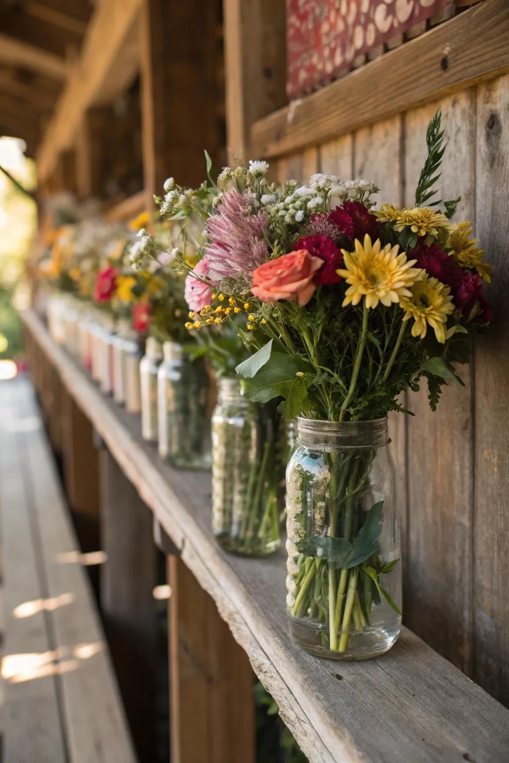 Charming canning jar arrangements showcasing mixed blossoms.