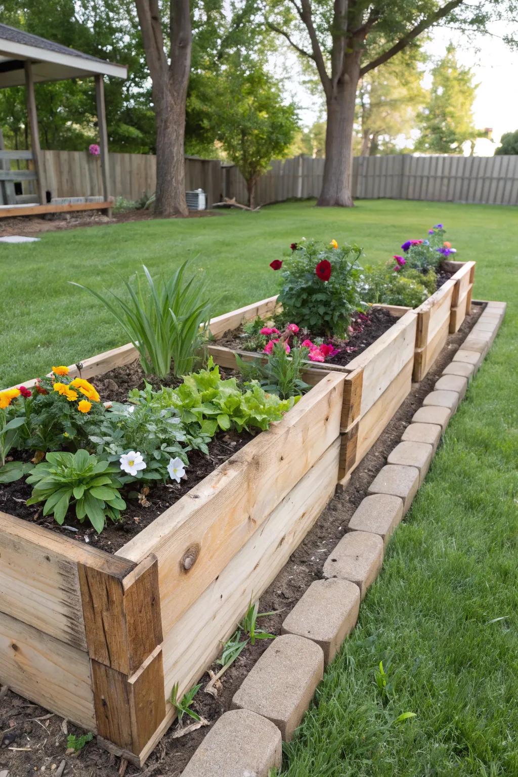 Repurposed decking planks fashion enchanting and ecologically sound flower bed borders.