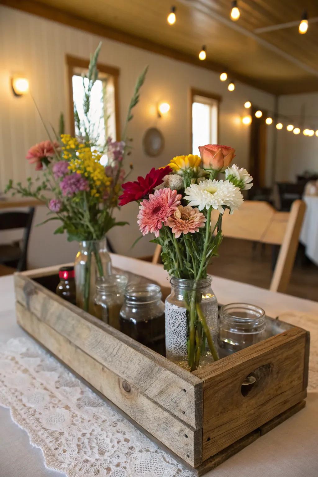 Create a cozy floral display with a rustic wooden box and small vases.