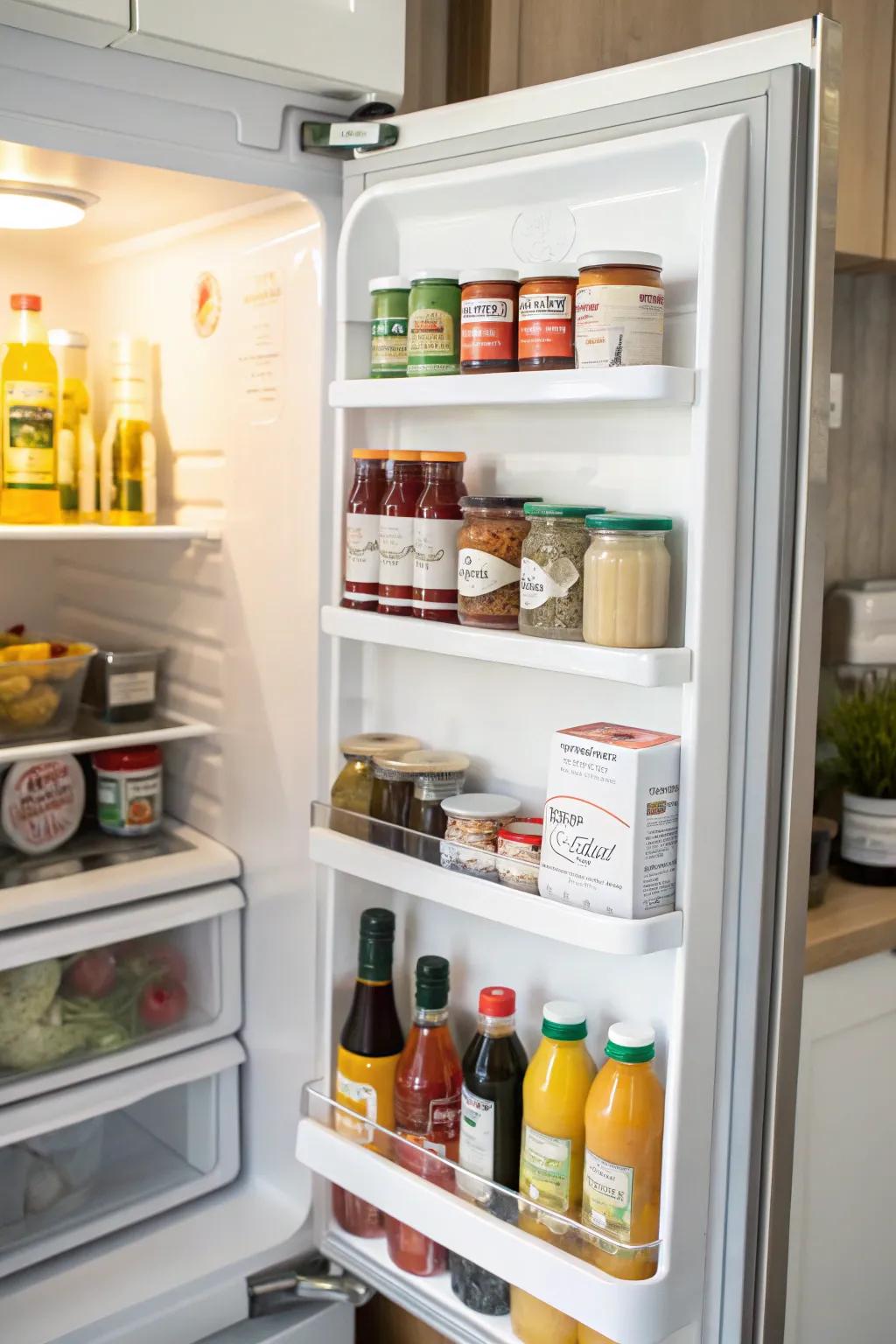 Efficient use of refrigerator door space for condiments.