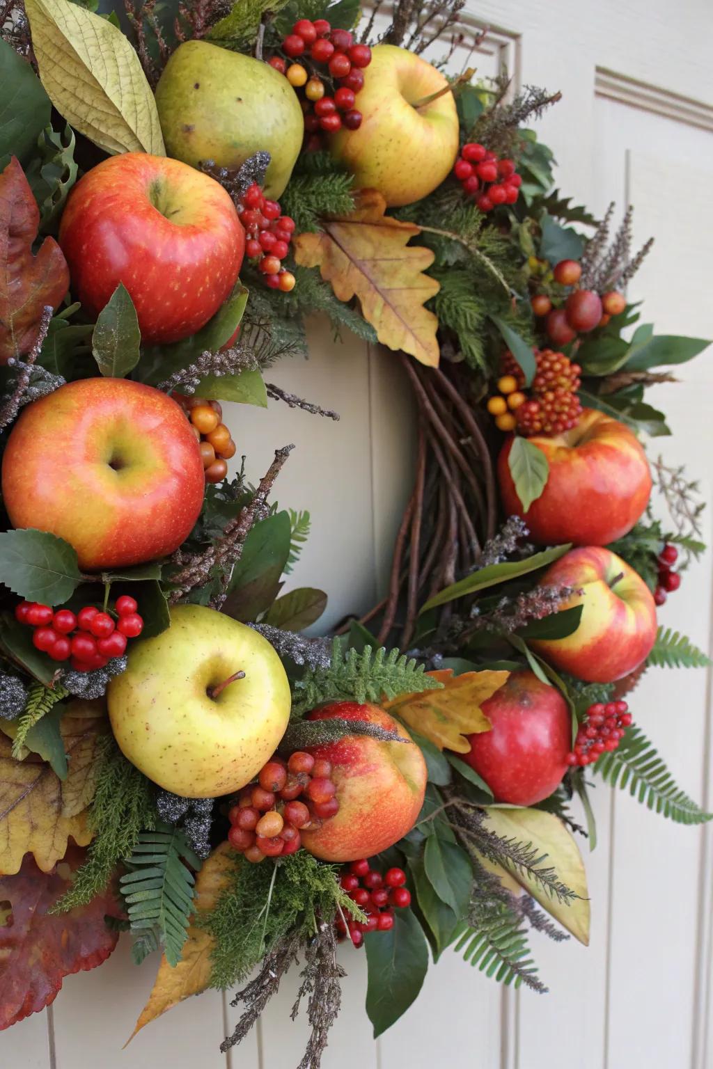 A fruit and foliage wreath that adds natural richness to your door.