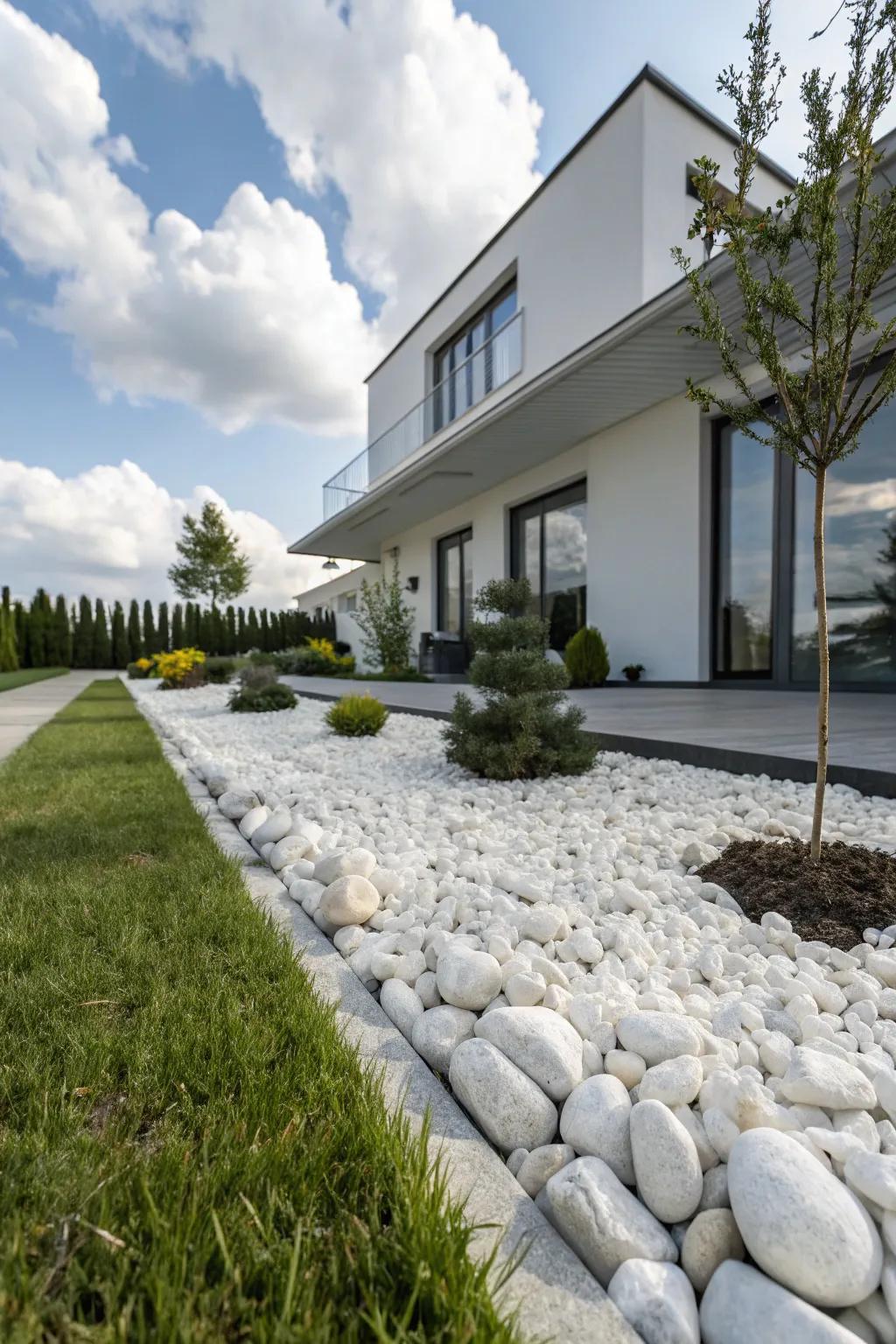 A white rock landscape offers a low-maintenance lawn alternative.