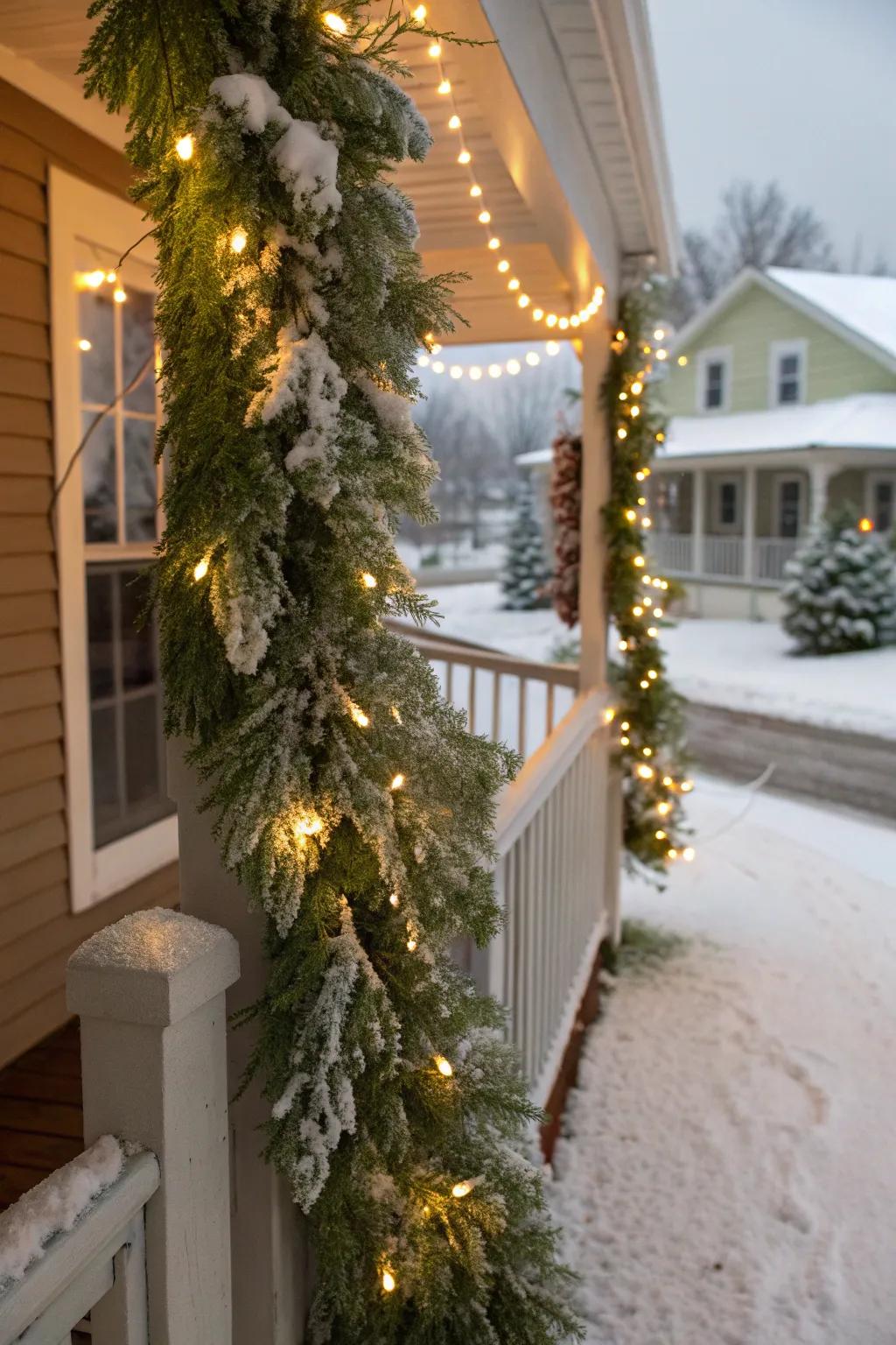 Snow-blanketed garlands convey the enchantment of winter to your doorstep.