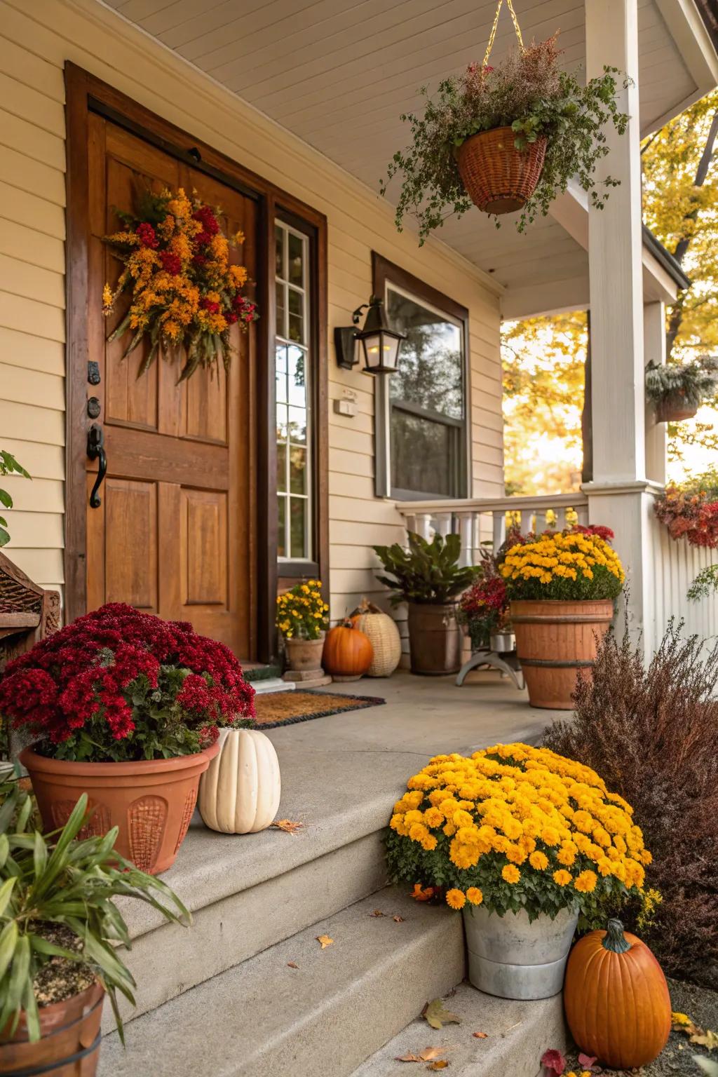 A front porch embellished with seasonal flora and thematic adornments.