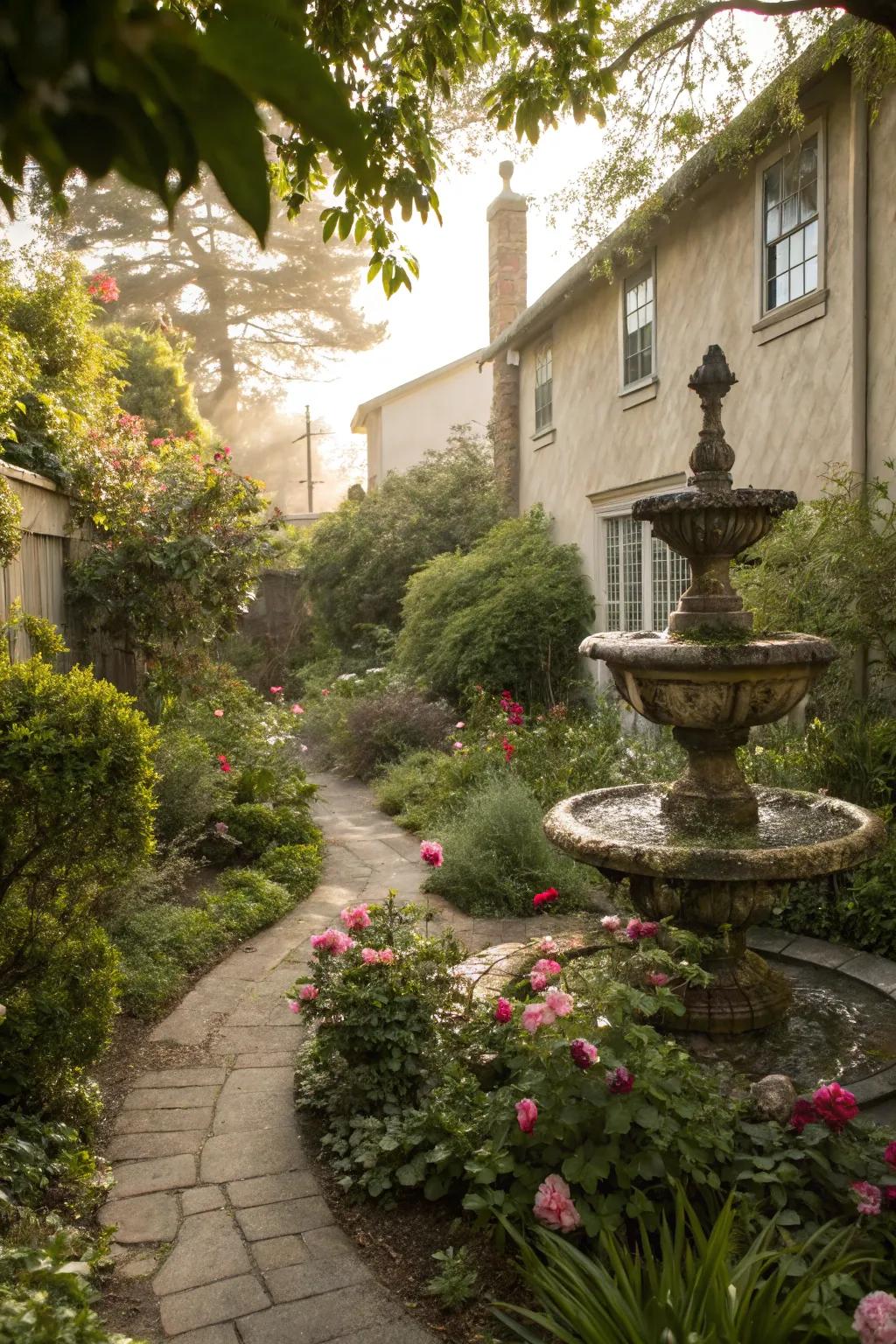 A peaceful fountain in a corner lot garden adds a touch of tranquility.