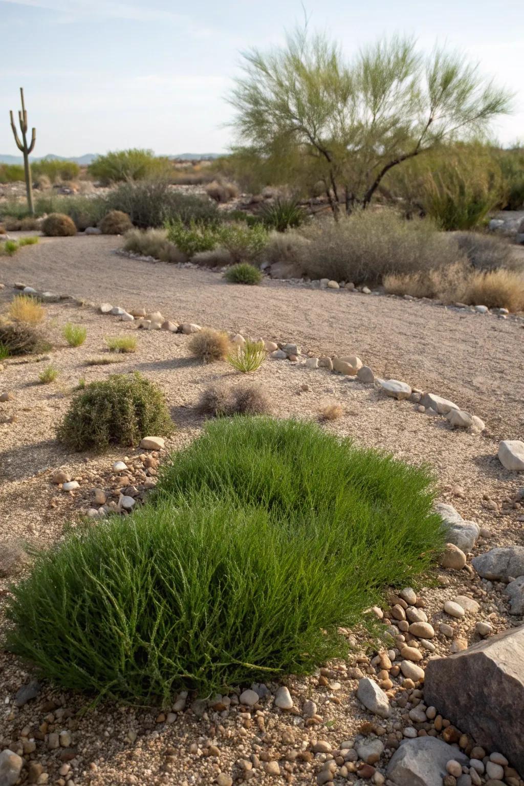 A touch of grass can soften the hardscapes of a desert yard.