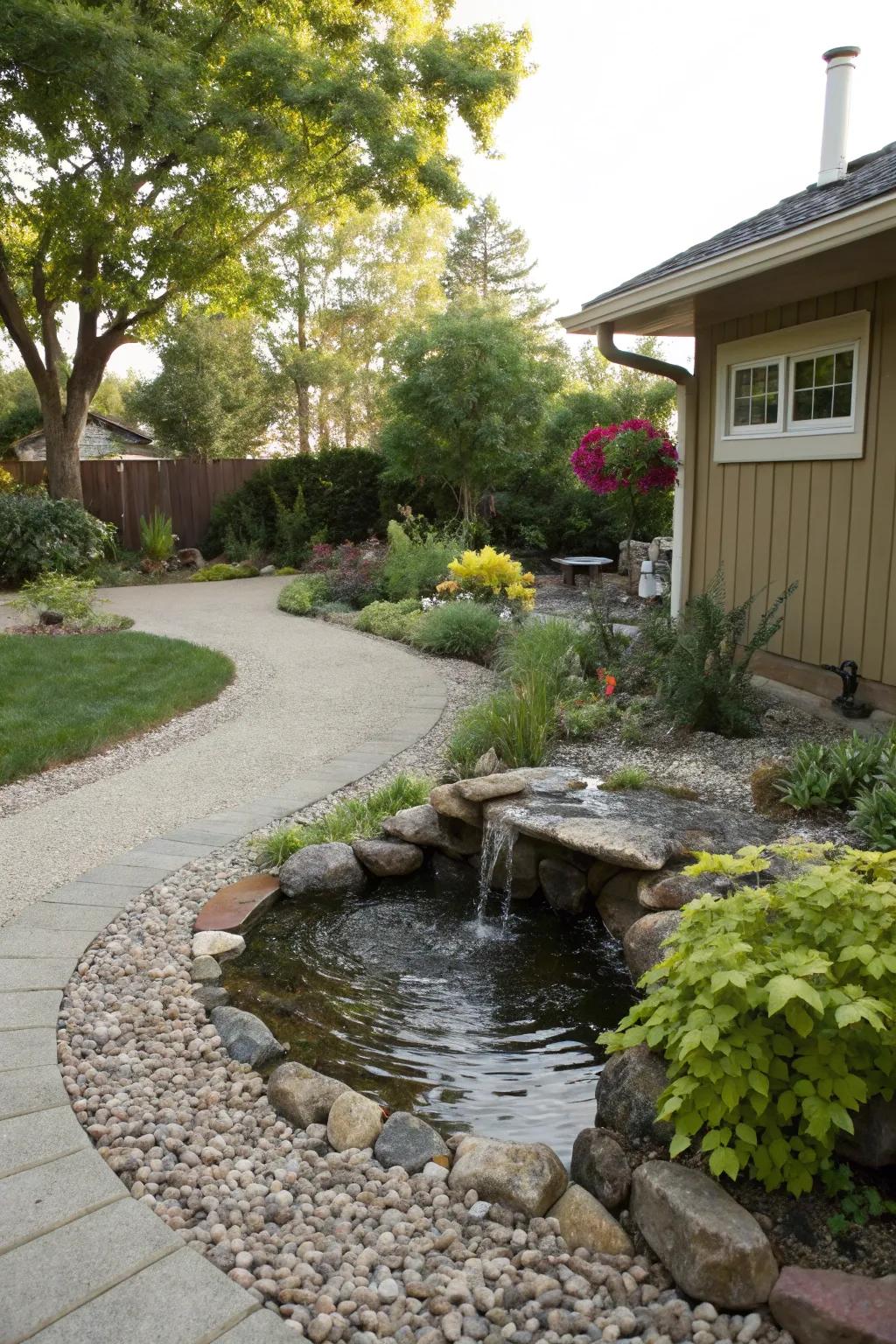 A small water feature among gravel creates a tranquil atmosphere.
