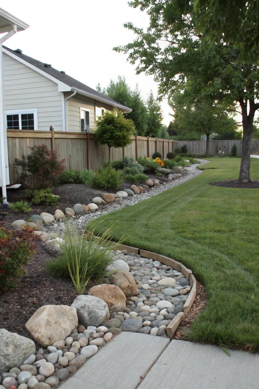 Defined perimeters in a front yard using stones along paths and plant beds.