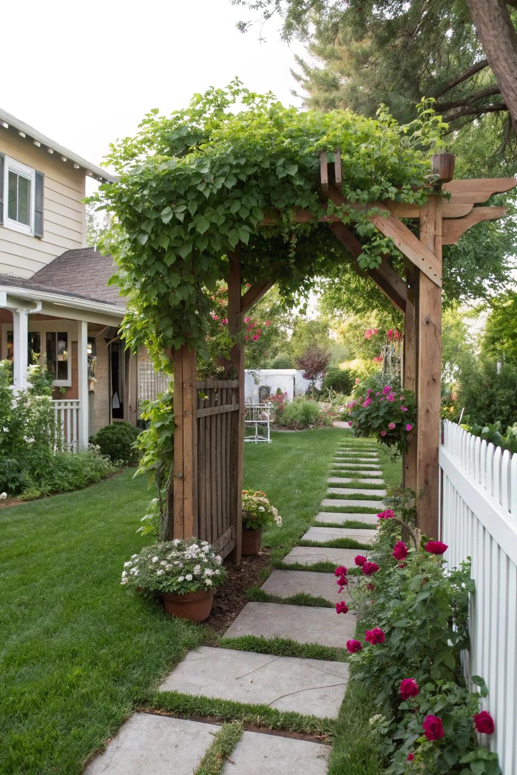 A delightful arbor invites guests into this scenic garden.