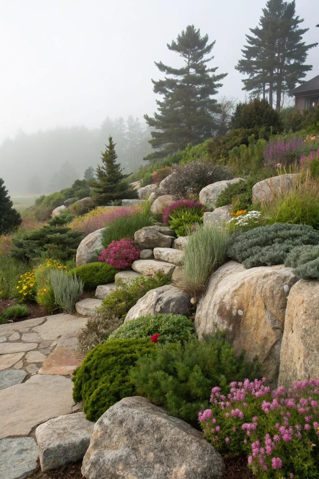 Diverse plant heights enhance the landscape around boulders.